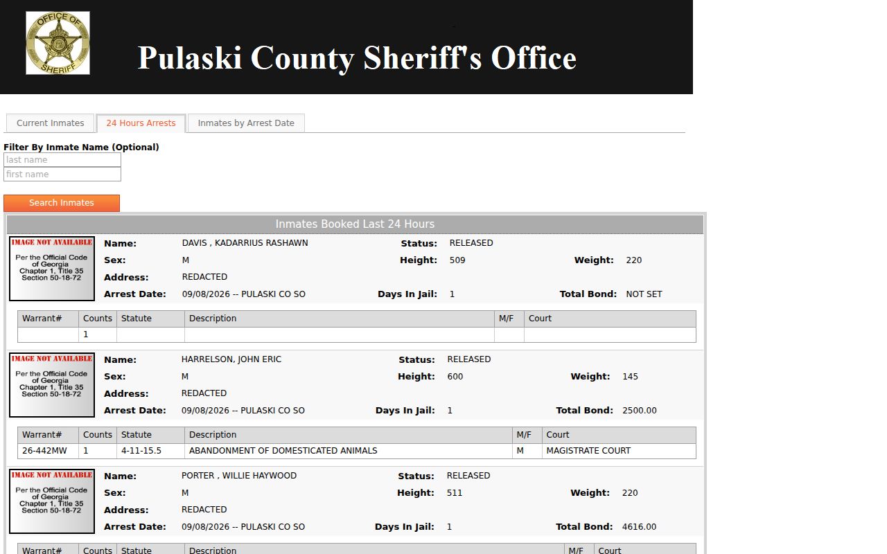 Pulaski County recent arrest portal with personal rows redacted